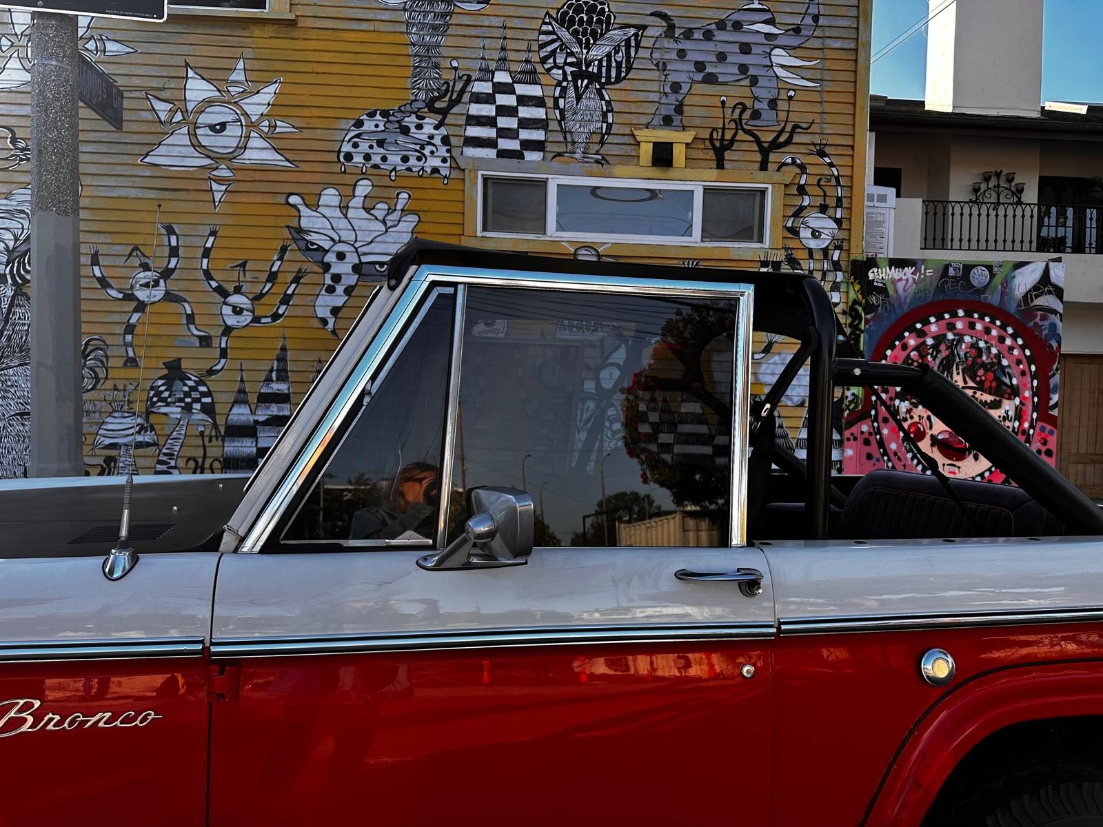 Driver door with mural backdrop